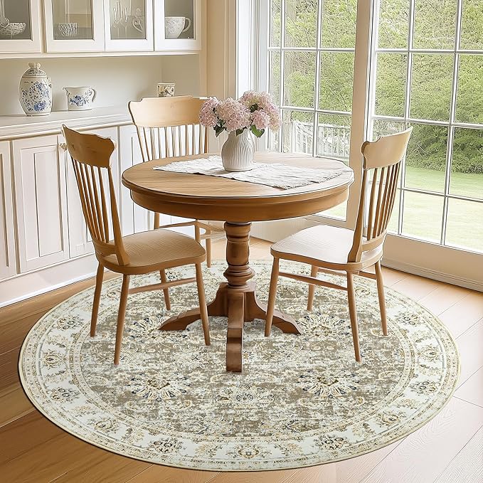 jinchan Round Rug 6ft Area Rugs Vintage Floral Distressed Design - Machine Washable Non-Slip Low-Pile Ultra-Thin Circle Rug for Entryway Bedside Living Room Dining Room Bedroom (6' Round,Taupe)
