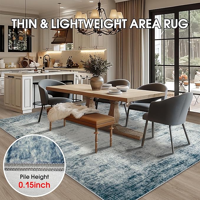 Washable Rug 6x9 Area Rugs, Abstract Washable Rugs with Non-Slip Backing, Stain Resistant Indoor Floor Carpet for Bedroom Dining Room Table Nursery Hallway Home Office-Blue/Ivory