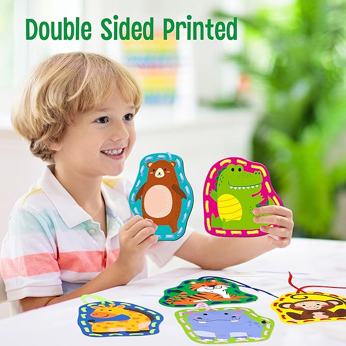 9 Pieces Kids Lacing Cards, Double Sided Sewing Cards in 9 Wild Animals with 9 Colorful Laces, Imagination Development Lacing Toys Games for Children Educational and Learning Activity