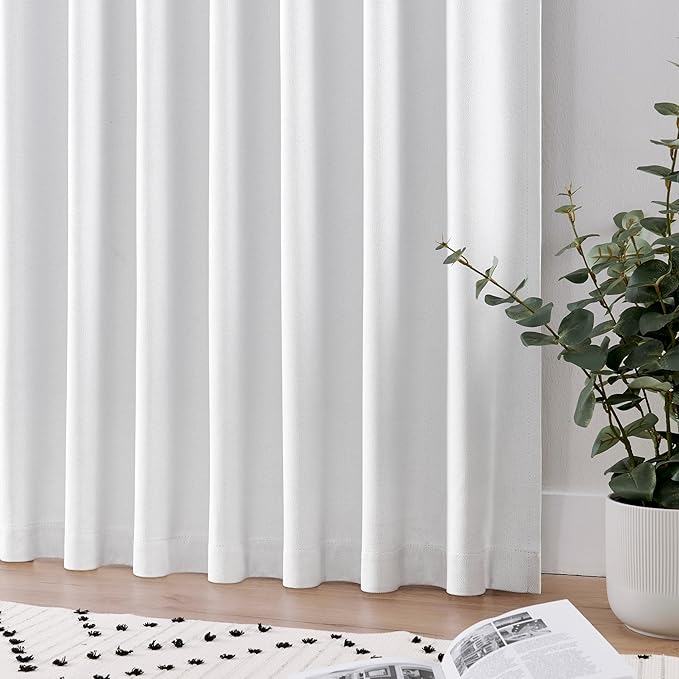 Joydeco Faux Linen Blackout Curtains for Bedroom,White Blackout Curtains 96 inches Long,100% Blackout Solid Thermal Insulated Window Drapes Luxury Decor for Living Room（W52xL96 Inch,White）