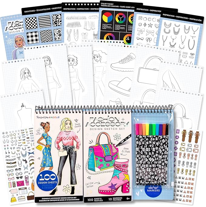 Fashion Angels Fashion & Accessory Design Sketch Set, Includes Sketch Pad with Stickers & Markers, Ultimate Fashion Design Sketch Book for Girls