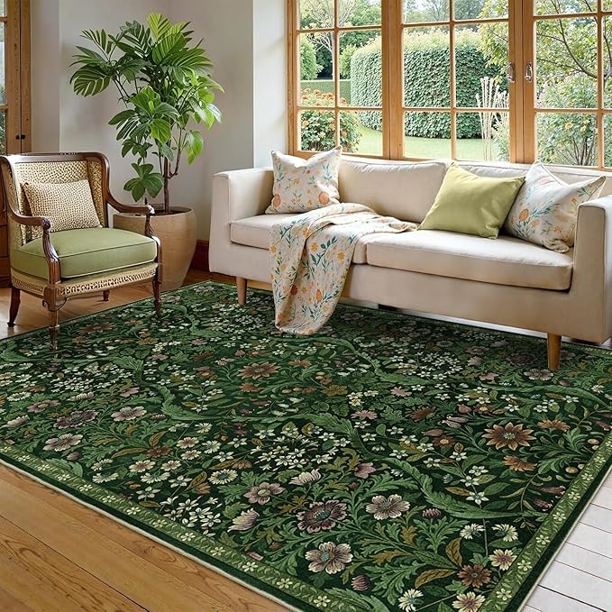 Floral Washable 6x9 Area Rug，Dark Green Boho Rugs for Living Room, Soft Low-Pile Non-Slip Stain Resistant & Non-Shedding Carpet for Bedroom, Dining Room, Office, Entryway, Nursery