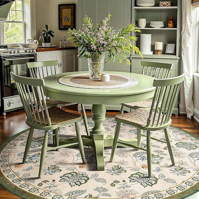 jinchan 7ft Floral Round Rug for Dining Room Washable Living Room Rug Vintage Romance Design Non Slip Indoor Floor Cover Lightweight Low-Profile Throw Carpet for Bedroom Porch Patio, Green/Beige