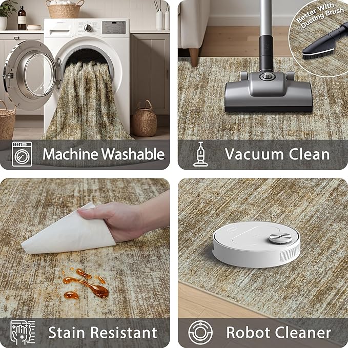 Area Rug 5x7 Living Room Rugs: Abstract Large Washable Rugs with Non-Slip Backing, Thin Carpet for Dining Room Table Bedroom Nursery Indoor Home Office-Brown