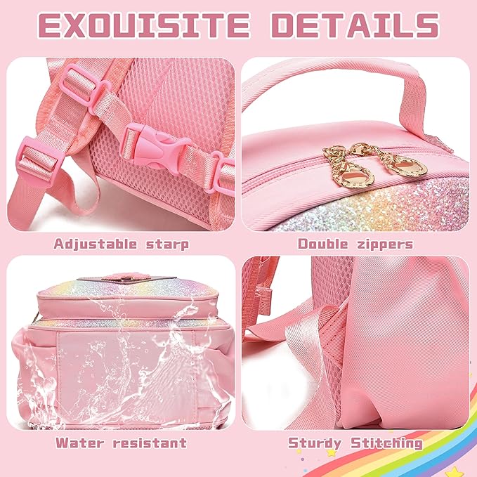 I IHAYNER Kids Glitter Lightweight Backpack for School Travel & Daycare, Toddler Backpack for Girls 3+ Preschool Kindergarten Elementary Kids Backpack-Rainbow Pink K