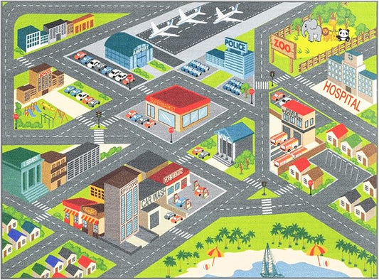 KC Cubs 3x5 City Streets Car Road Rug – Educational Non-Slip Play Mat for Kids, Toddlers, Nursery, Classroom, Playroom, Baby Daycare, Boy Girl Carpet