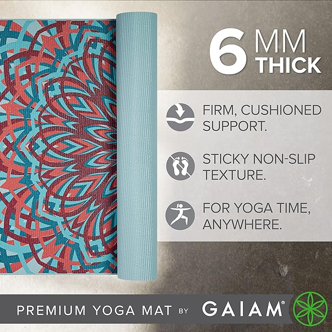 Gaiam Yoga Mat - Premium 6mm Print Extra Thick Non Slip Exercise & Fitness Mat for All Types of Yoga, Pilates & Floor Workouts (68"L x 24"W x 6mm Thick)