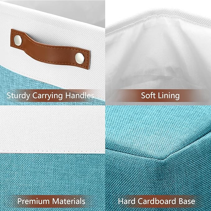 DULLEMELO Extra Large Storage Baskets, Fabric Storage Bins for Organizing Shelves Nursery Toys Books, Closet Baskets and Bins with Handles, White&Teal, 2-Pack