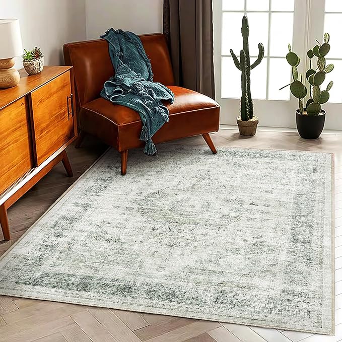 Area Rug 5'x7' Washable Rug Floral Green Vintage Traditional Floor Cover Thin Retro Kitchen Indoor Distressed Non Slip Carpet for Living Room Bedroom Dining Room