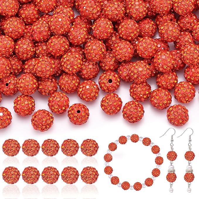 200pcs 10mm Rhinestone Beads for Jewelry Making, Orange Shiny Round Disco Ball Beads Bulk, Sparkle Crystal Clay Christmas for Bracelet Baseball Necklace Earring Crafting and DIY
