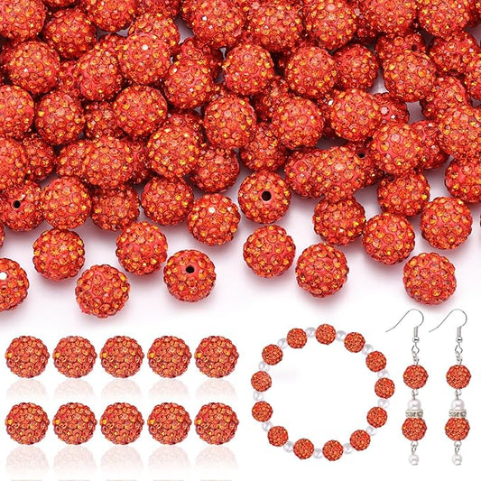 200pcs 10mm Rhinestone Beads for Jewelry Making, Orange Shiny Round Disco Ball Beads Bulk, Sparkle Crystal Clay Christmas for Bracelet Baseball Necklace Earring Crafting and DIY