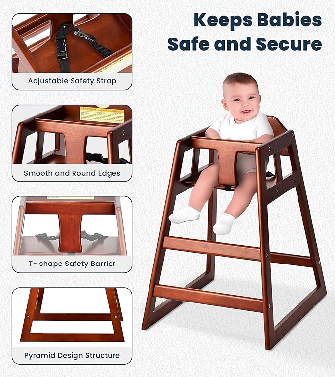 Alpine Wooden High Chairs for Babies and Toddlers with Safety Strap, Commercial Grade Restaurant High Chair, Durable Wood Space Saver Baby Feeding Chair, Ideal for Dining Spaces (2 Pack, Mahogany)