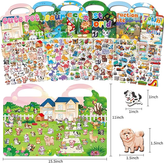 6 Set Reusable Sticker Books for Toddlers 2-4,1-3, Kids 3D Puffy Stickers (Dinosaurs, Forest, Town, Pets, Construction, Insects), Sticker Activity Books