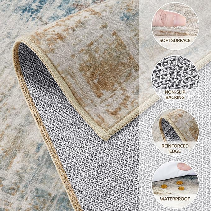 2x3 Entryway Area Rugs: Washable Neutral Abstract Small Rug Door Mat Non-Slip Soft Low Pile Indoor Carpe for Entrance Kitchen Front Door Bathroom Entry Kids Room - Blue Brown