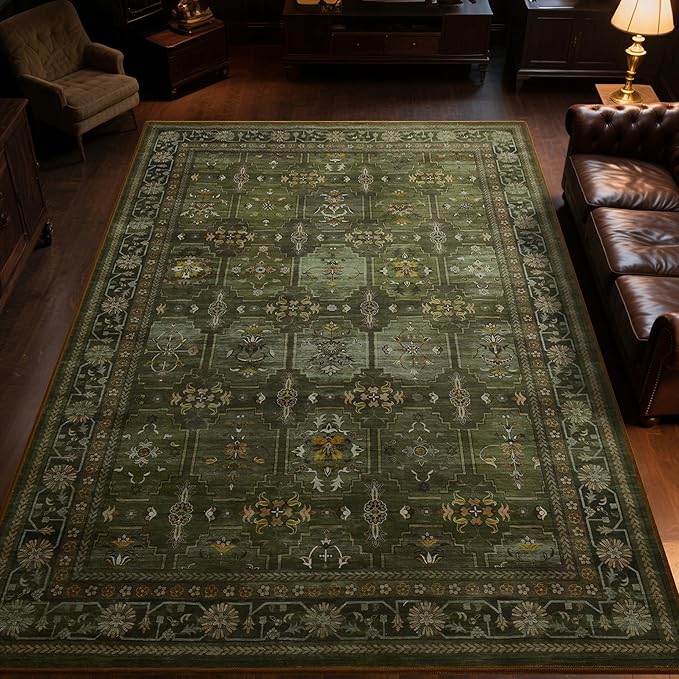 5x7 Washable Area Rug for Living Room Dining Room, Distressed Non Slip Vintage Floral Rugs for Bedroom, Traditional Indoor Floor Carpet for Dining Kitchen Farmhouse Dark Green