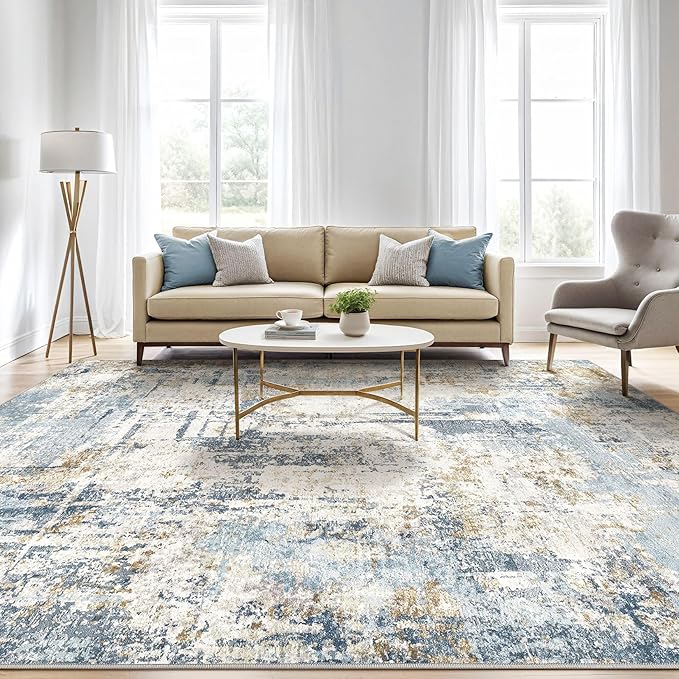 7x9 Area Rugs Washable Rug: Living Room Large Abstract Modern Soft Stain Resistant Indoor Floor Non Slip Accent Carpet for Bedroom Nursery Playroom Office Dining Room Dorm Home House- Blue
