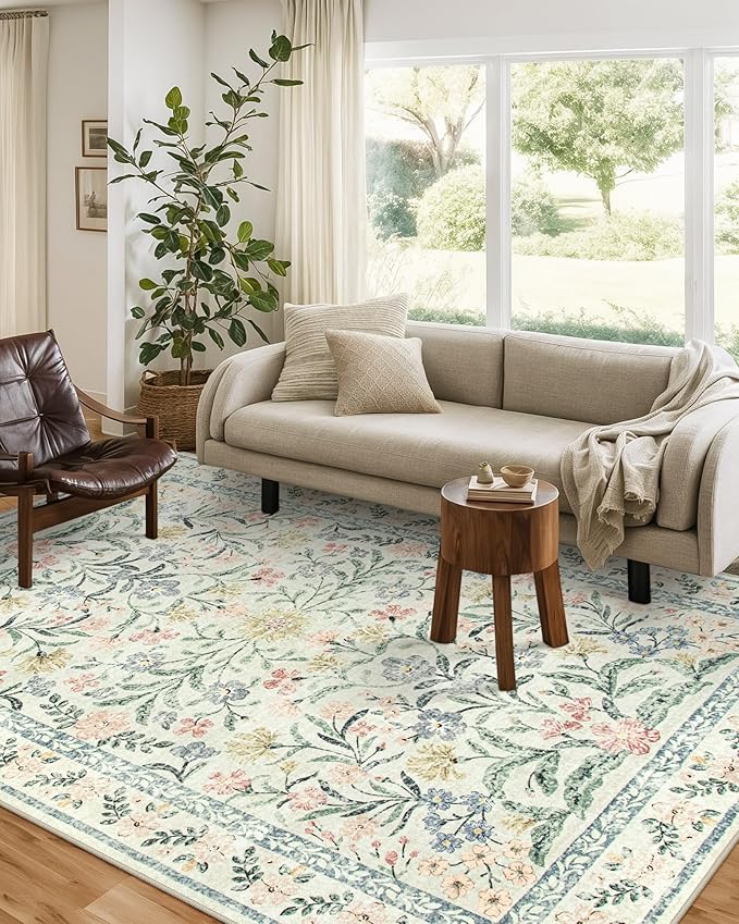 Wonnitar Washable Area Rugs 5x7, Soft Floral Bedroom Area Rug, Washable Carpet 5x7 Non Slip, Boho Flower Print Beige Carpets for Living Room Bedside Dining Room