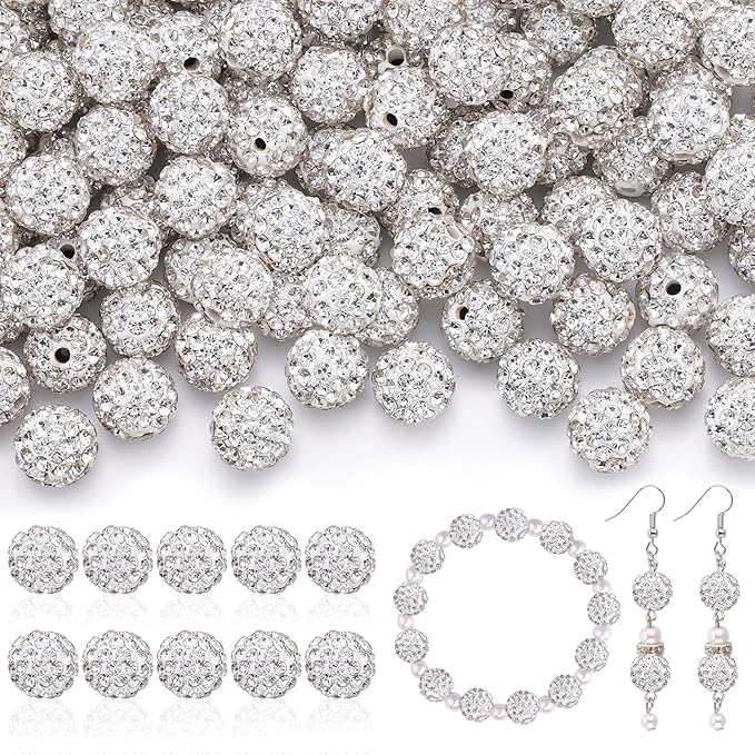 200pcs 10mm Rhinestone Beads for Jewelry Making, White Shiny Round Disco Ball Beads Bulk, Sparkle Crystal Clay Christmas for Bracelet Baseball Necklace Earring Crafting and DIY