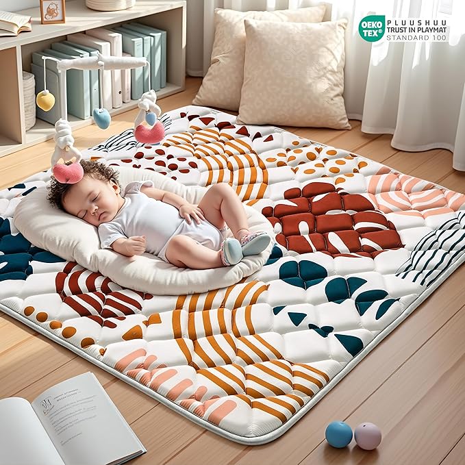 Baby Play Mats for Floor, 47x47 Playpen Mat for Babies, Extra Thicker & Soft Floor Crawling Mat, Foldable Non-Slip Playmat Cushioned for Infants Toddlers, Boho Leaf Design