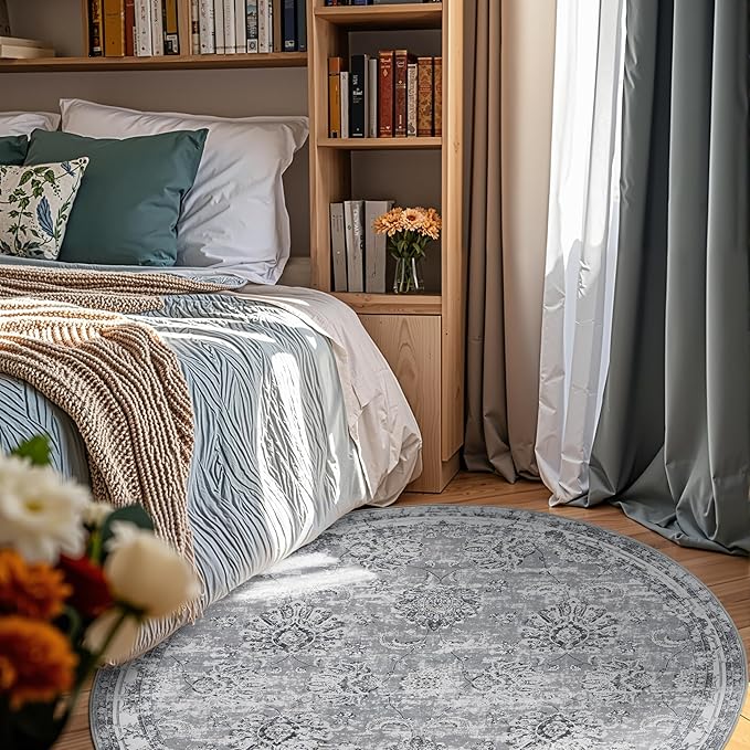 jinchan Round Rug 6ft Area Rug - Grey Vintage Floor Mat Kitchen Indoor Ultra-Thin Soft Floral Print - Washable Circle 6' Retro Accent for Farmhouse Non Slip Dining Room Living Room Bedroom Office
