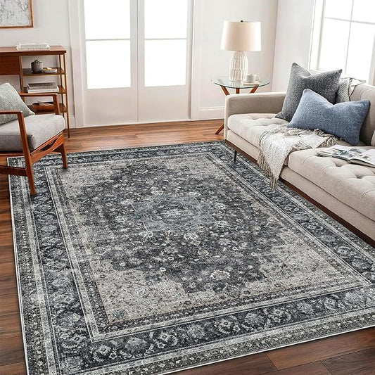 Area Rug 6'x9' Washable Vintage Traditional Floor Cover Thin Retro Kitchen Indoor Distressed Non Slip Carpet for Living Room Bedroom Dining Room