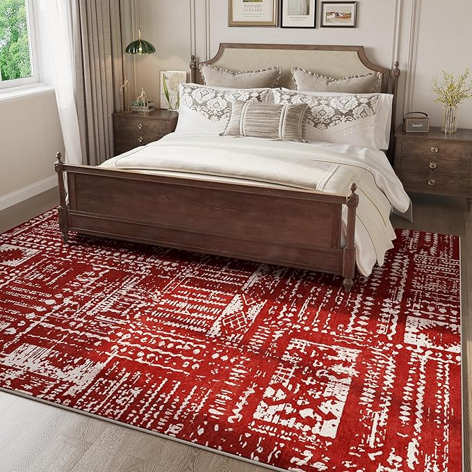 Living Room Rug 5x7 Rug Machine Washable Boho Area Rug Non Slip Moroccan Vintage Low Pile Large Rugs for Living Room, Bedroom, Farmhouse, Dining Room, Kids Playroom(Terracotta)