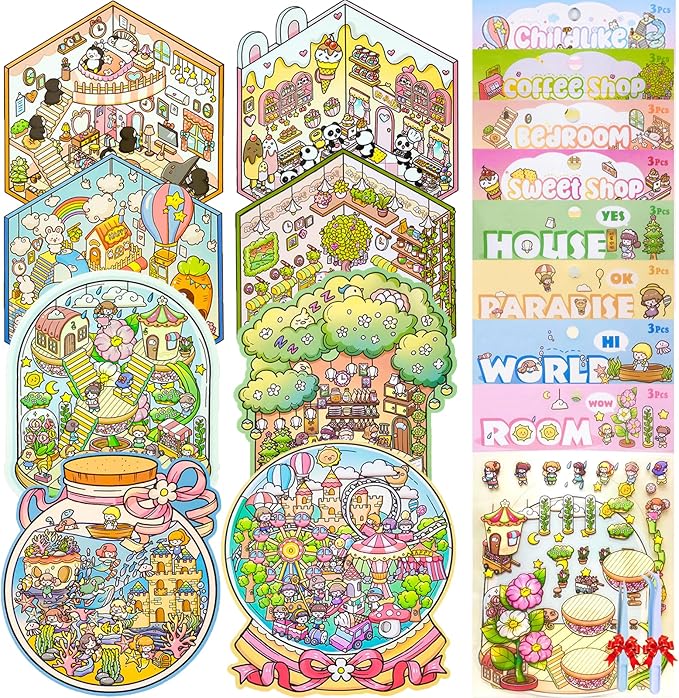 DIY 3D Sticker Scene，8 Sets Pack（500+）, Reusable Sticker Book, Cute Sets for Free Combination, Cute Waterproof for Anywhere, Crafts Party Favors Birthday Gift