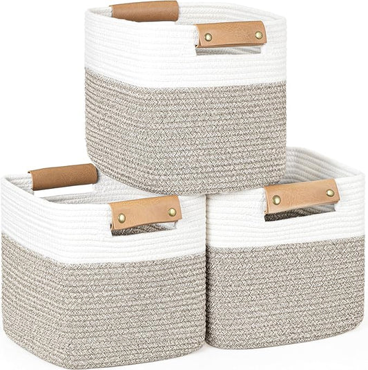 danpinera 11 Inch Storage Baskets, Woven Baskets for Organizing, 3 Pack Storage Cubes for Shelves, Closet, Nursery with Removable Leather Handles, White & Mixed Brown