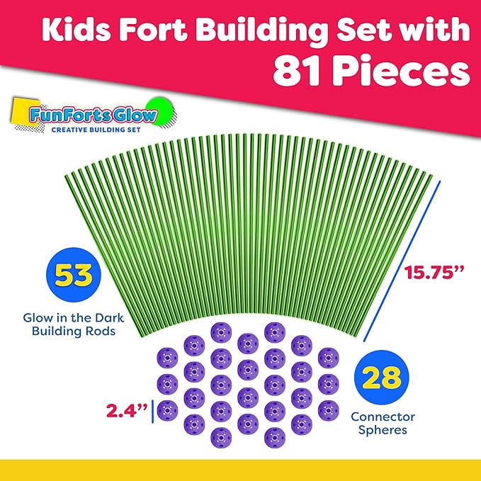 Fun Forts Glow Fort Building Kit for Kids - 81 Pack Glow in The Dark STEM Building Toys Indoor Outdoor Play Tent for Kids Construction Toys with 53 Rods and 28 Spheres