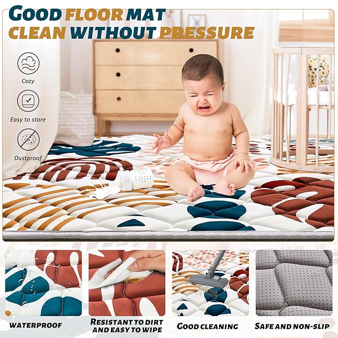 Baby Play Mats for Floor, 47x47 Playpen Mat for Babies, Extra Thicker & Soft Floor Crawling Mat, Foldable Non-Slip Playmat Cushioned for Infants Toddlers, Boho Leaf Design