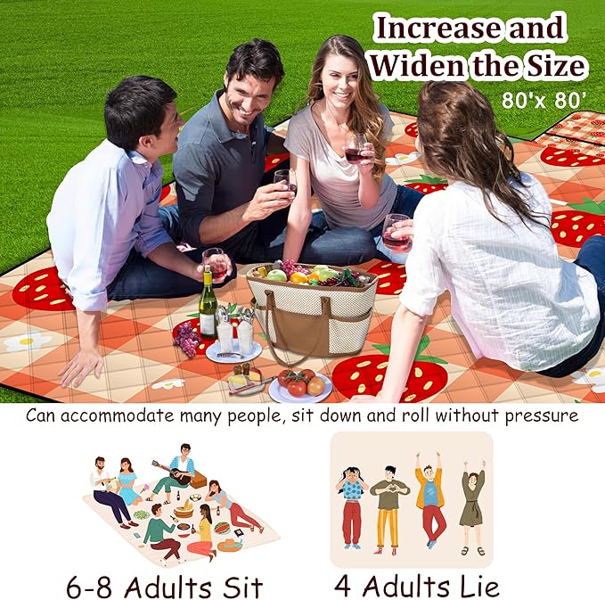 Extra Large Picnic Blanket Waterproof,80"x 80"Foldable Machine Washable Beach Blanket,Outdoor Blanket for 6-8 Adults,Suitable for Indoor Crawling,Park Beach,Camping,Hiking,Family Travel(Orange)