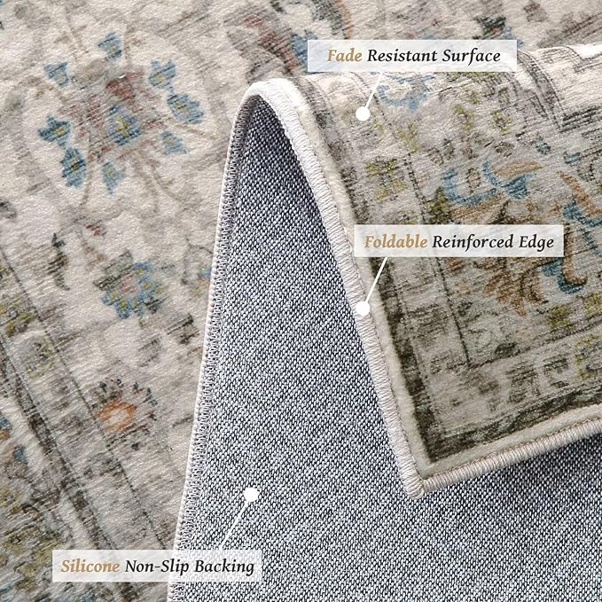 Washable 8x10 Area Rugs for Living Room, Boho Non-Slip Silicone Backing Rugs for Bedroom Dining Room Nursery Office, 0.3" Neutral Oriental Throw Carpet with 0.16" Cushioning Pad, Cream/Multi