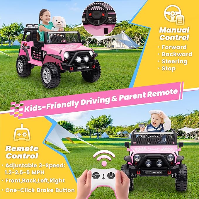 24V 4WD Ride on Truck Car w/800W Motors, Gift Flower, Remote Control, 2 Seaters, Light Bar, 3 Speeds, Pop Music, Power Four Wheels, 25 Volt Ride on Toy Car for Big Kids, Pink