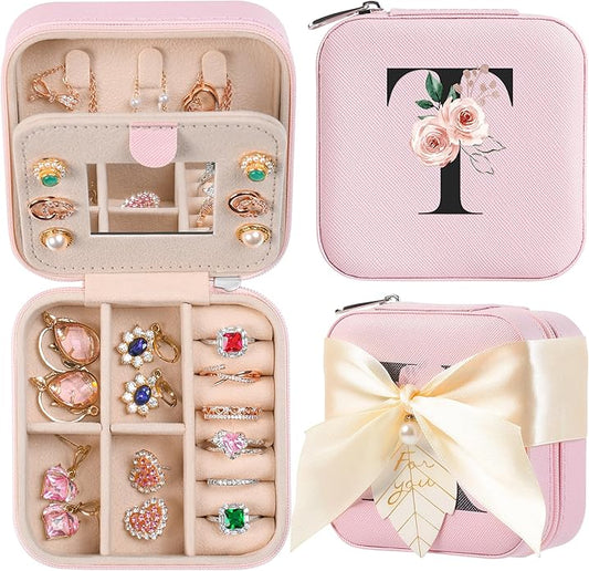 AYGXU Travel Jewelry Box for Women and Girls - Small Case With Initial A-Z - Teacher Gifts