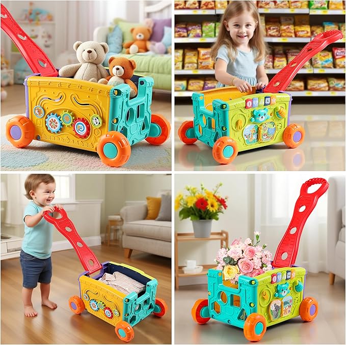 Interactive Learning Push Walker Toy for Toddlers, Musical Activity Wagon with Handle, Educational Rolling Cart with Blocks