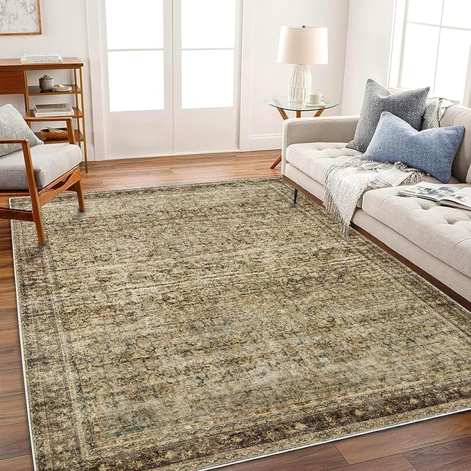 Area Rug 10x14 Washable Brown Vintage Traditional Mat Distressed Indoor Foldable Thin Retro Accent Floral Non Slip Carpet for Living Room Dining Room Office