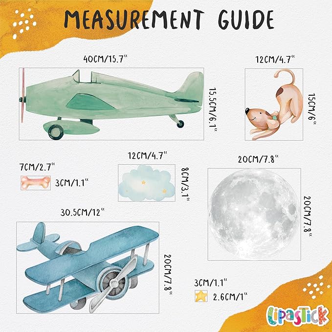 Airplane Wall Decals by Lipastick - Wall Stickers for Boys Room, Watercolor Vintage Plane Stickers for Kids, Baby Nursery, Toddler Bedroom Decor - Premium Vinyl Aircraft Art - S Size