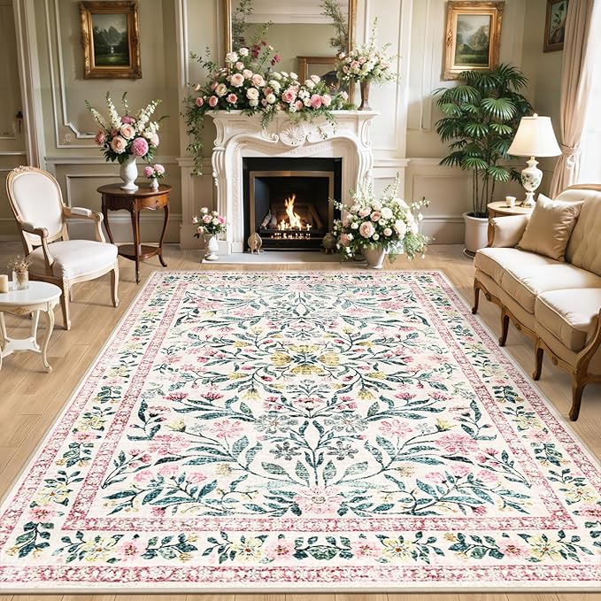 8x10 Area Rugs for Living Room: Floral Washable Rug Vintage Large Soft Boho Non-Slip Carpet Indoor Stain Resistant Low Pile Carpets for Bedroom Dining Room Farmhouse Nursery Home Office Pink Green