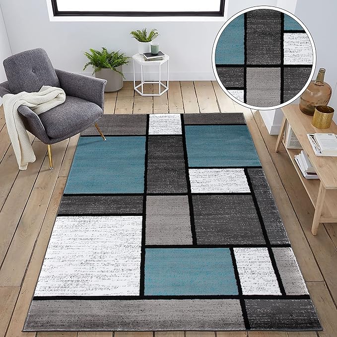Rugshop Contemporary Modern Boxes for Home Office,Living Room,Bedroom,Kitchen Non Shedding Area Rug 6' 6" X 9' Blue/Gray