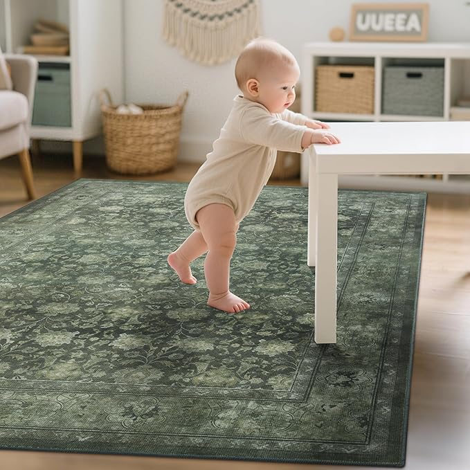 5x7 Washable Area Rug for Living Room, Non Slip Vintage Floral Rugs for Bedroom, Retro Indoor Floor Carpet for Kitchen, Dining Room, Farmhouse, Classroom (Distressed Green)