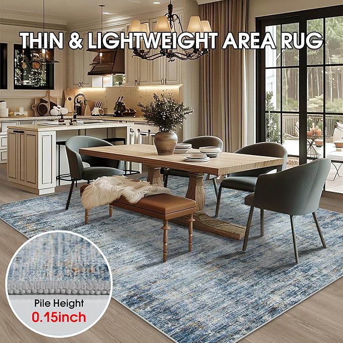 Washable Rug 6x9 Area Rugs, Abstract Large Living Room Rugs with Non-Slip Backing, Thin Carpet for Dorm Dining Room Table Nursery Indoor Home Office-Blue/Brown