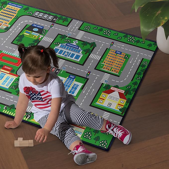 Fun Car Play Area Carpet Car Mat 2x3 Play Rug for Playroom Town City Road Map for Boys Bedroom Non-Slip Washable