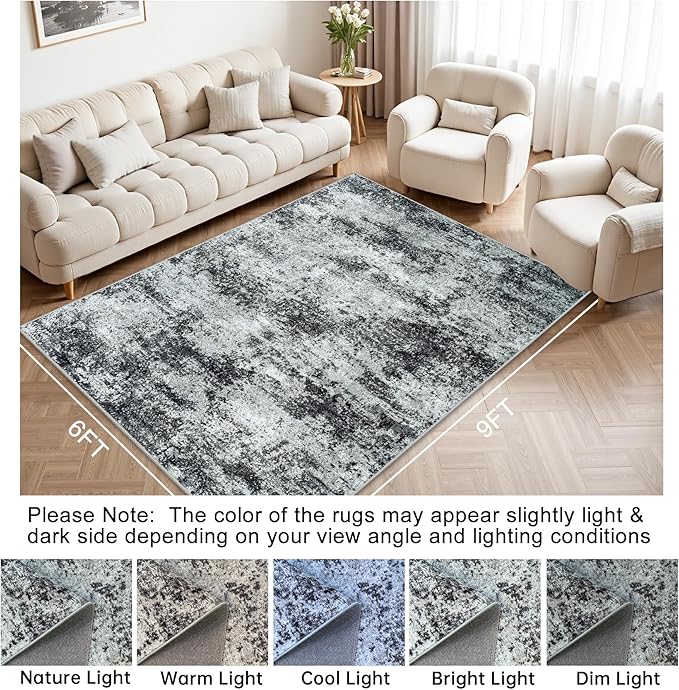 Washable Rug 6x9 Area Rugs: Abstract Washable Rugs with Non-Slip Backing, Stain Resistant Indoor Floor Carpet for Bedroom Dining Room Table Nursery Hallway Home Office Dark Black/Gray