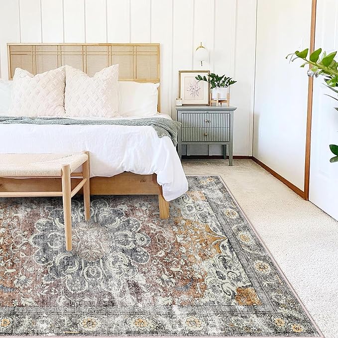 Area Rug 6x9 Washable Rug Brown Grey Vintage Traditional Distressed Thin Retro Kitchen Indoor Floor Cover Non Slip Carpet Floral Print Mat Living Room Bedroom Dining Room