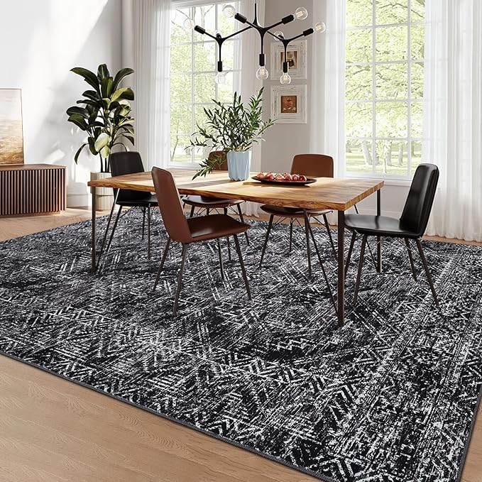 COZYLOOM Area Rug 6x9 Washable Rug for Bedroom Office Dining Room Living Room Vintage Non Slip Large Area Rug Geometric Soft Throw Low Pile Stain Resistant Carpet, Black