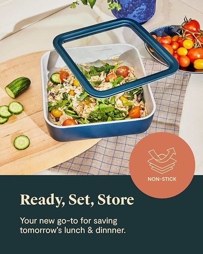Caraway Glass Food Storage, 10 Cup Glass Container,Ceramic Coated Food Container,Easy to Store, Non Toxic, Non Stick Lunch Box Container with Glass Lids. Dishwasher, Oven,Square Shape,Sage