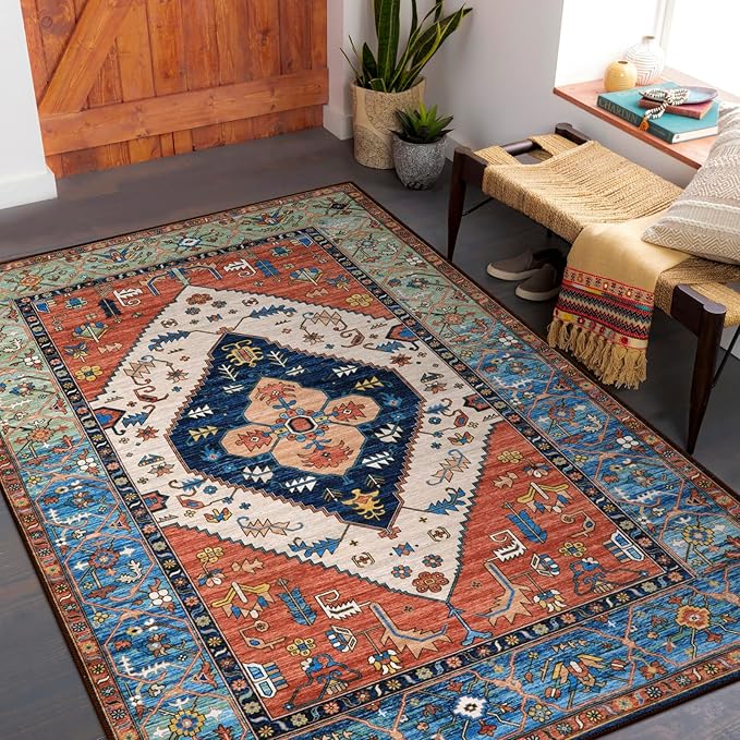 Lahome Boho Machine Washable Rugs - 5x7 Area Rugs for Living Room Non-Slip Oriental Throw Bedroom Rug Ultra-Thin Large Office Dining Room Rug Accent Floor Carpet for Kitchen Laundry Room