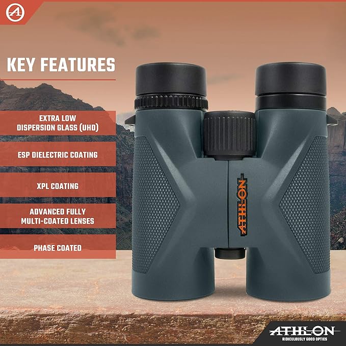 Athlon Optics 10x42 Midas UHD Gray Binoculars with Eye Relief for Adults and Kids, High-Powered Binoculars for Hunting, Birdwatching, and More