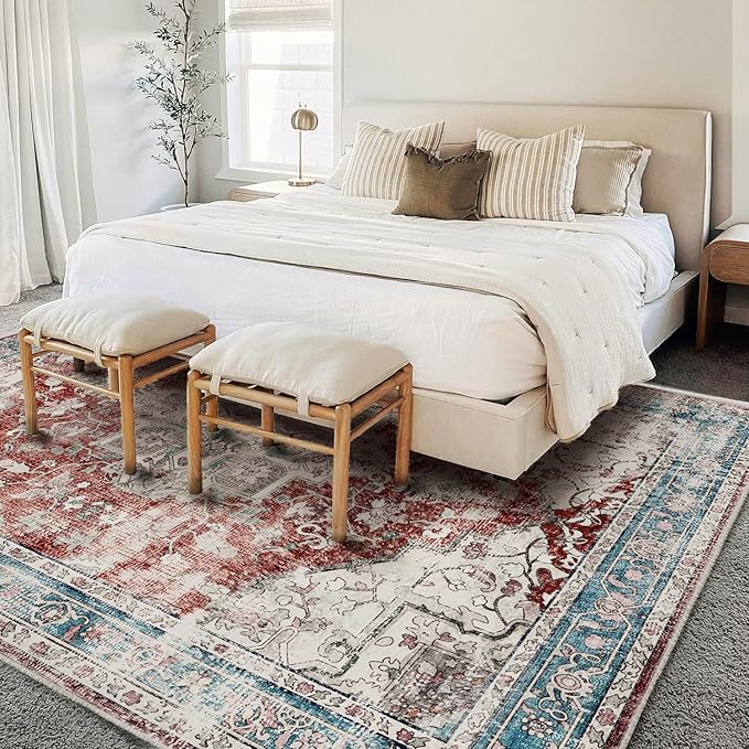 Area Washable Rug 5'x7' Red Blue Washable Vintage Traditional Floor Cover Thin Rug Retro Kitchen Indoor Distressed Non Slip Carpet Floral Print Mat Living Room Bedroom Dining Room