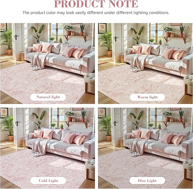 Deerly Pink Area Rugs 9x12 for Living Room Soft Non-Slip, Large Bedroom Rug Vintage Dining Room Rug Tribal Farmhouse Carpet for Dining Room Office Green